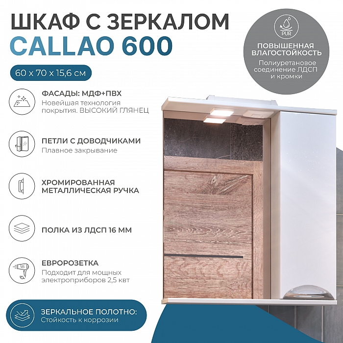 Шкаф навесной с зеркалом Callao 600 (правый) со спотом